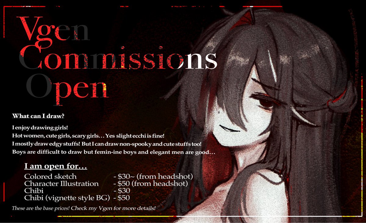【Vgen Comms Open】

I have been open for a while, but I keep forgetting to announce so ahem ahem. I plan to add more services in the future!

If interested check out my Vgen in replies!

Likes and RTs are greatly appreciated! 🍷

#VGenOpen #VgenComms