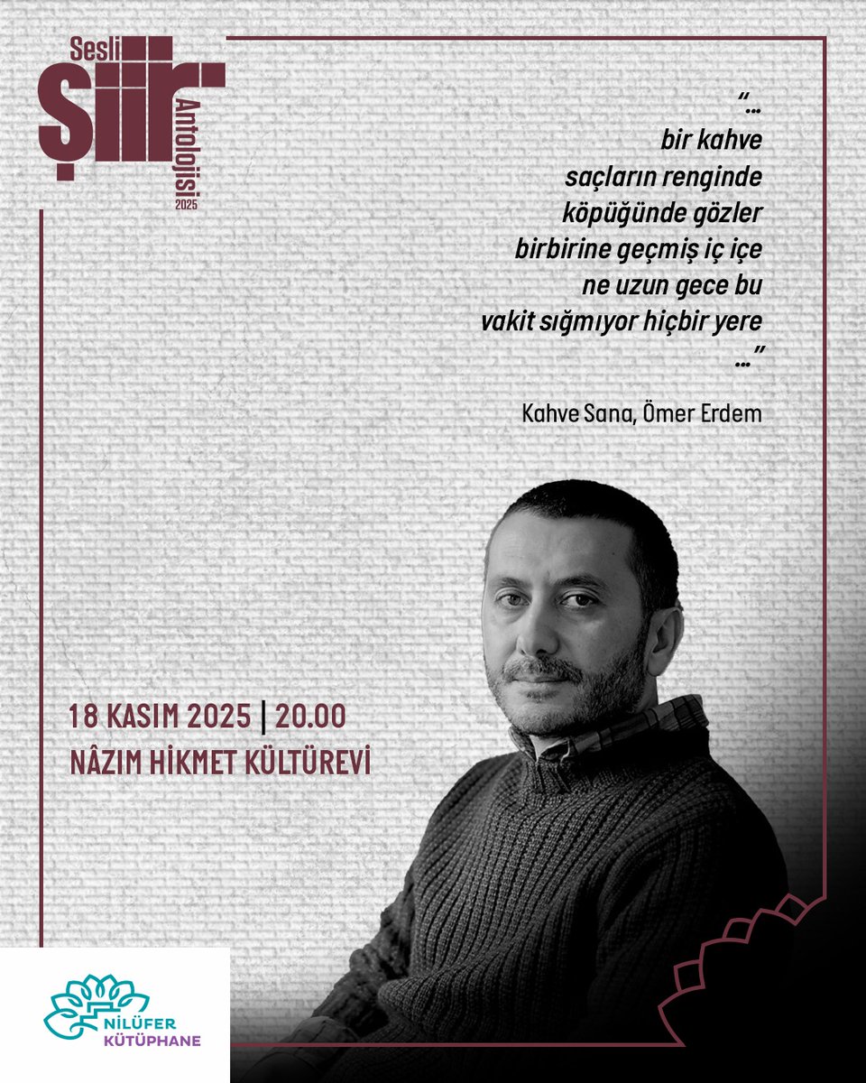 Şair Ömer Erdem Sesli Şiir Antolojisi'nde şiirlerini okuyor.
Sesli Şiir Antolojisi, 18 Kasım Salı akşamı, Mehmet H. Doğan Ödülü'nün verileceği törenin ardından Nâzım Hikmet Kültürevi'nde.