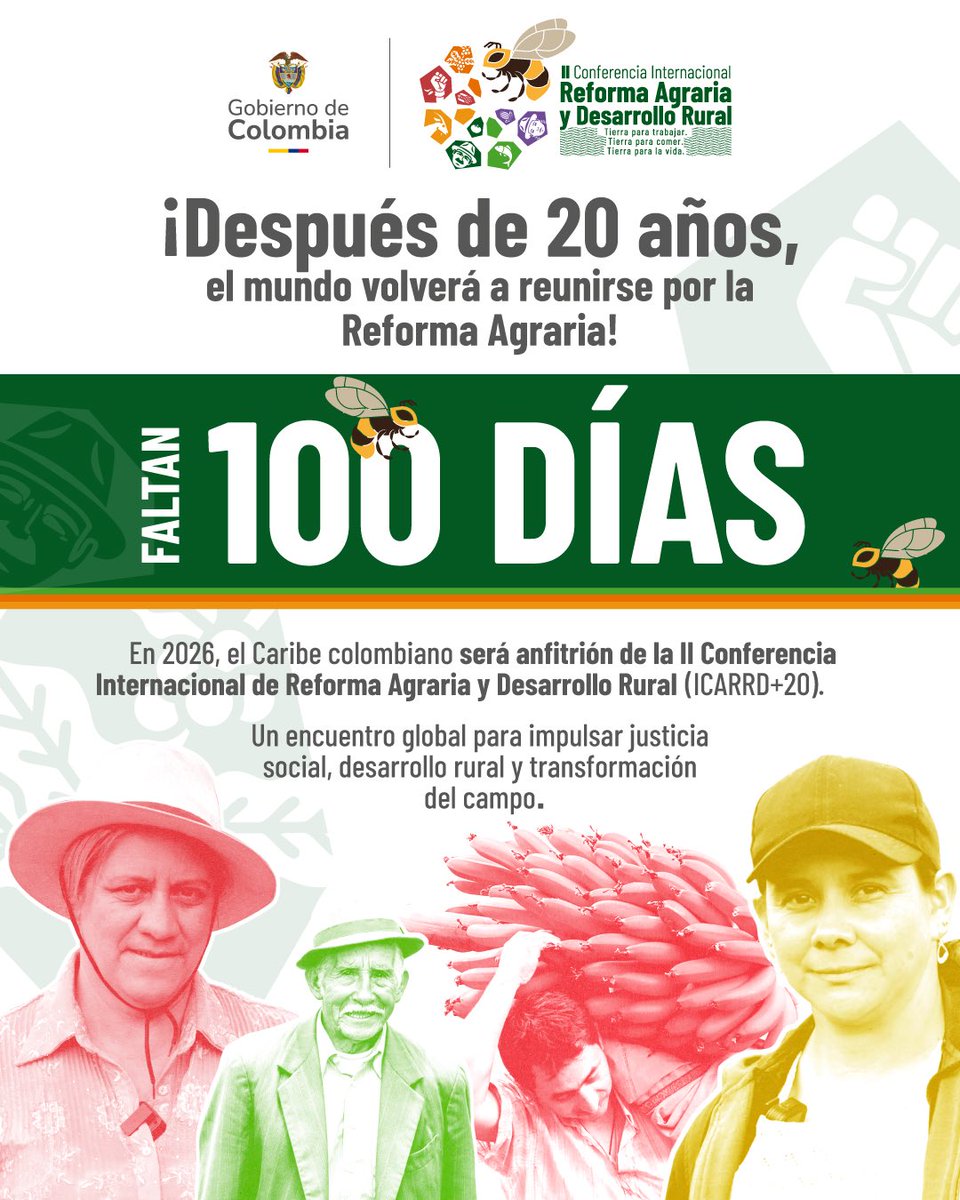 ¿Lo sabías? 🌍 Colombia será anfitrión del encuentro global más importante por la #TierraParaLaVida: la Segunda Conferencia Internacional de Reforma Agraria y Desarrollo Rural+20 (<a href="/icarrdcolombia/">ICARRD+20</a>). 🇨🇴 En febrero de 2026, países de todo el mundo se reunirán en Cartagena para