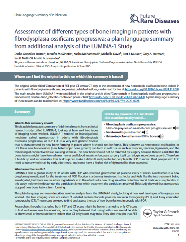 PlainLangSumm's tweet image. New LUMINA-1 study tested garetosmab for fibrodysplasia ossificans progressiva (FOP), a rare condition where muscles turn to bone, plus evaluated bone imaging methods
hubs.ly/Q03T2S-g0

#PLSP #RareDiseases
