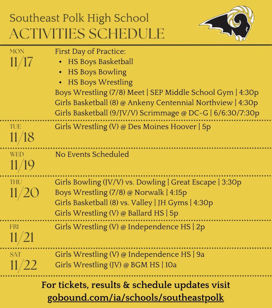 All winter activities will be underway this week. 
Good luck Rams!!