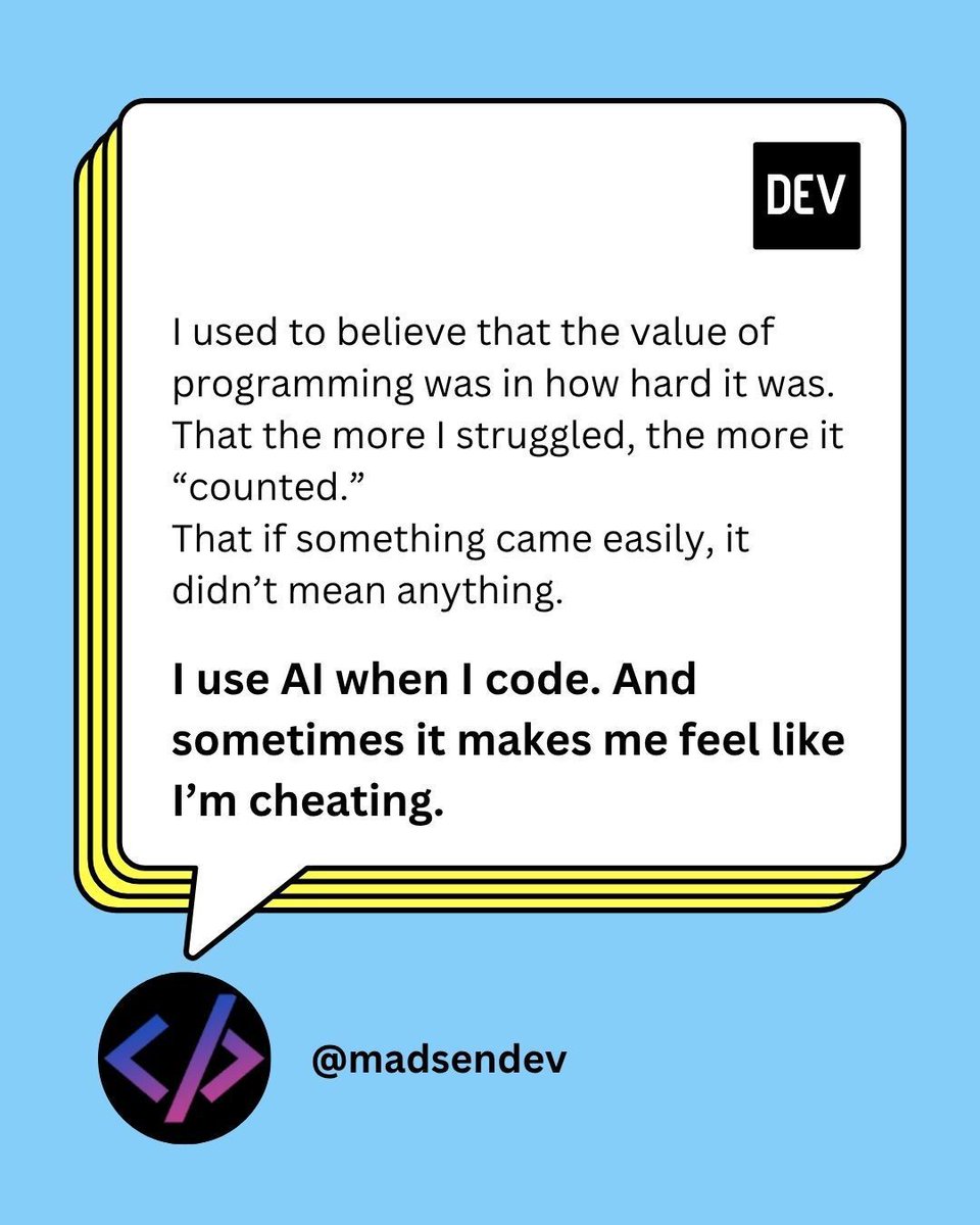 ThePracticalDev's tweet image. Does using AI when you code feel like a form of cheating? Christoffer Madsen explores the imposter syndrome that many developers experience and re-frames  the conversation around AI as just another powerful tool in the developer&apos;s toolbox.

Read on: dev.to/madsendev/i-us…