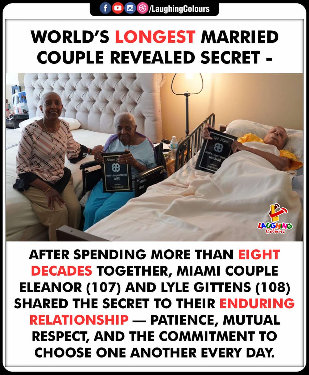 LaughingColours's tweet image. “Longest married couple share secret 💑”
#Inspiration #LoveStory #MarriageGoals #EternalLove #RecordBreakers #TogetherForever