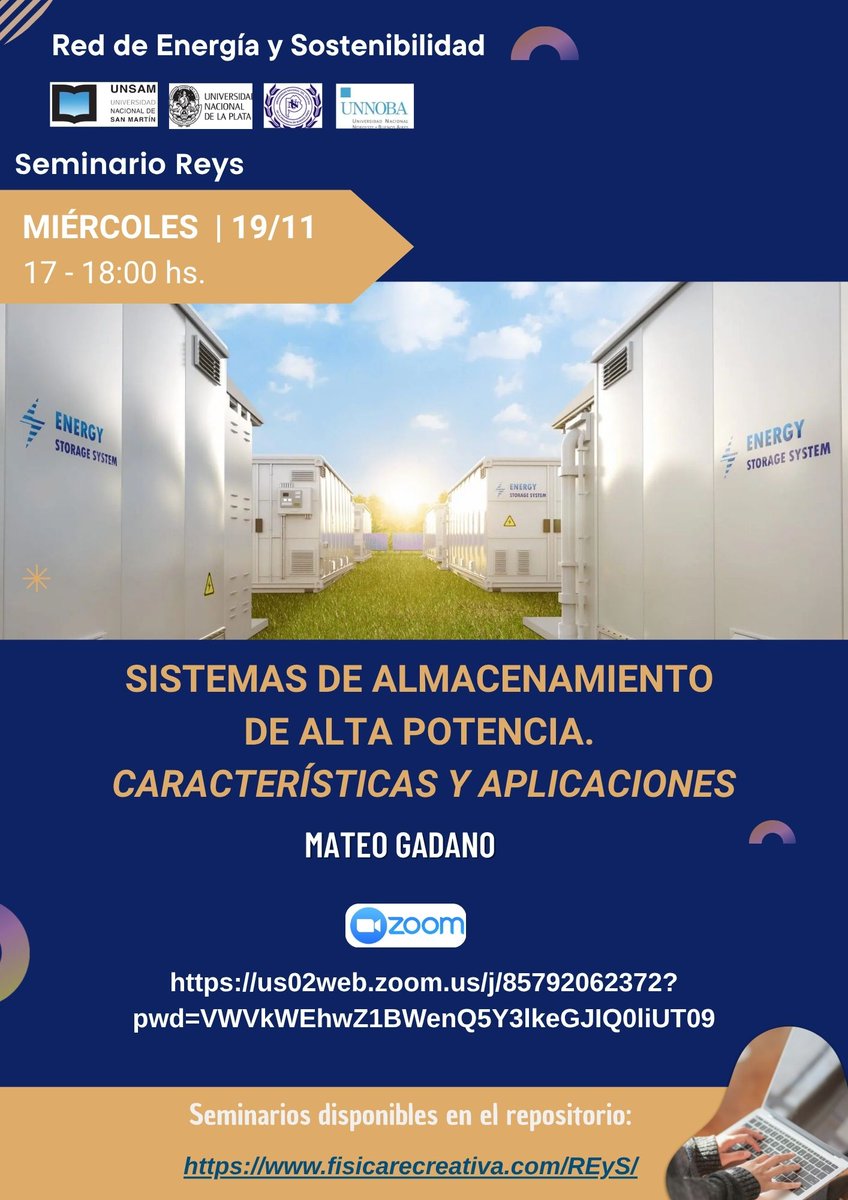 sgil1950's tweet photo. Seminario de REyS
Este  miércoles 19/11/25, de 17:00 a 18:00,  recibiremos a   Mateo Gadano  que disertará sobre "Sistemas de almacenamiento de alta potencia. "

Por zoom: https://t.co/voQPNH1LmG https://t.co/sNSmE92i7o