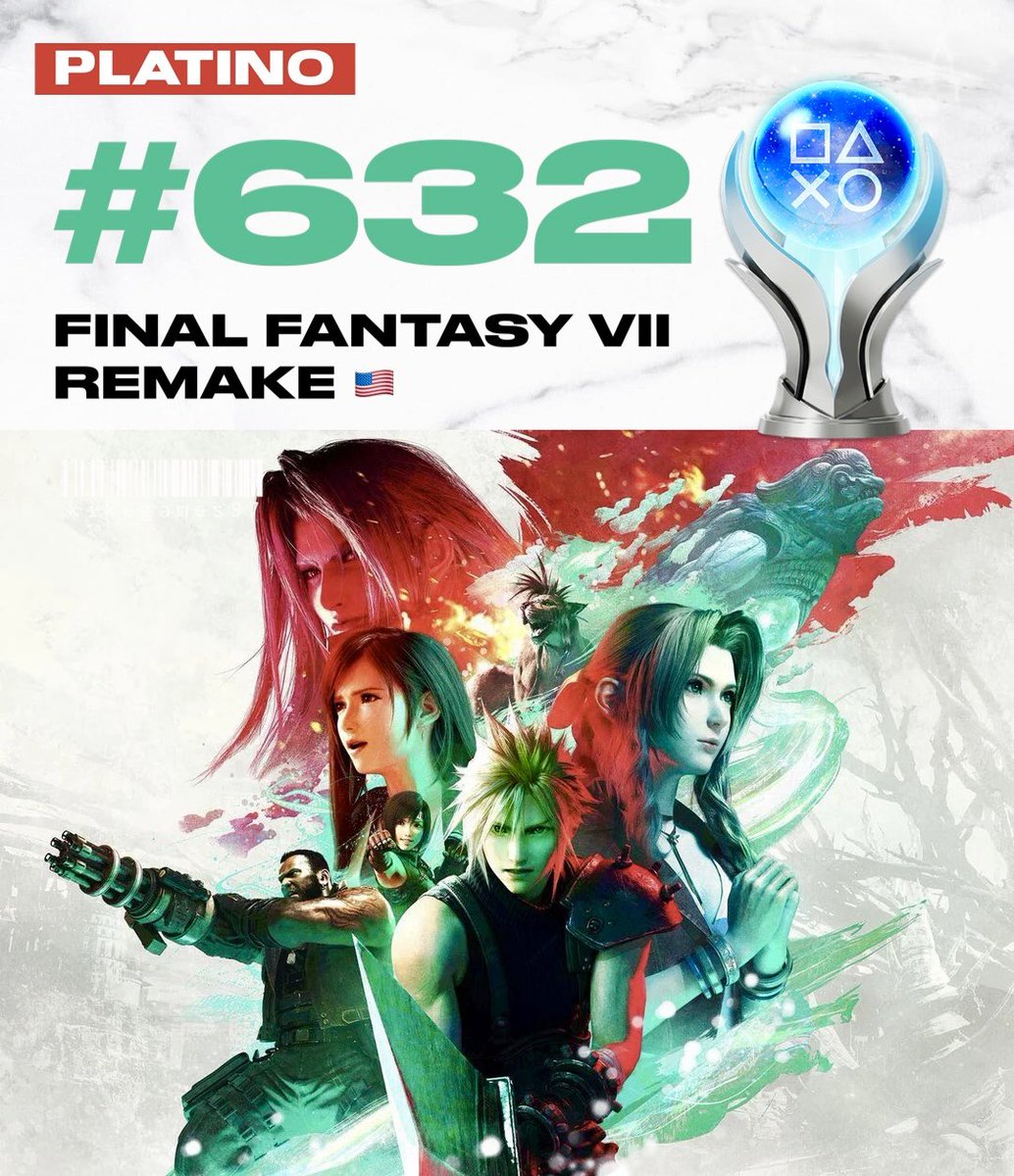 kikegames97's tweet image. PLATINO 🏆 #632: 
FINAL FANTASY VII REMAKE ☄️
(Ver. Americana)

Que pedazo de aventura y que gusto volver a sacar este platino.

Recuerdo en confinamiento de 2020 con otros ojos gracias a este juego, fue muy especial para mí. Ojalá pronto la 3ª entrega. 🥹

Juegazo disponible en…