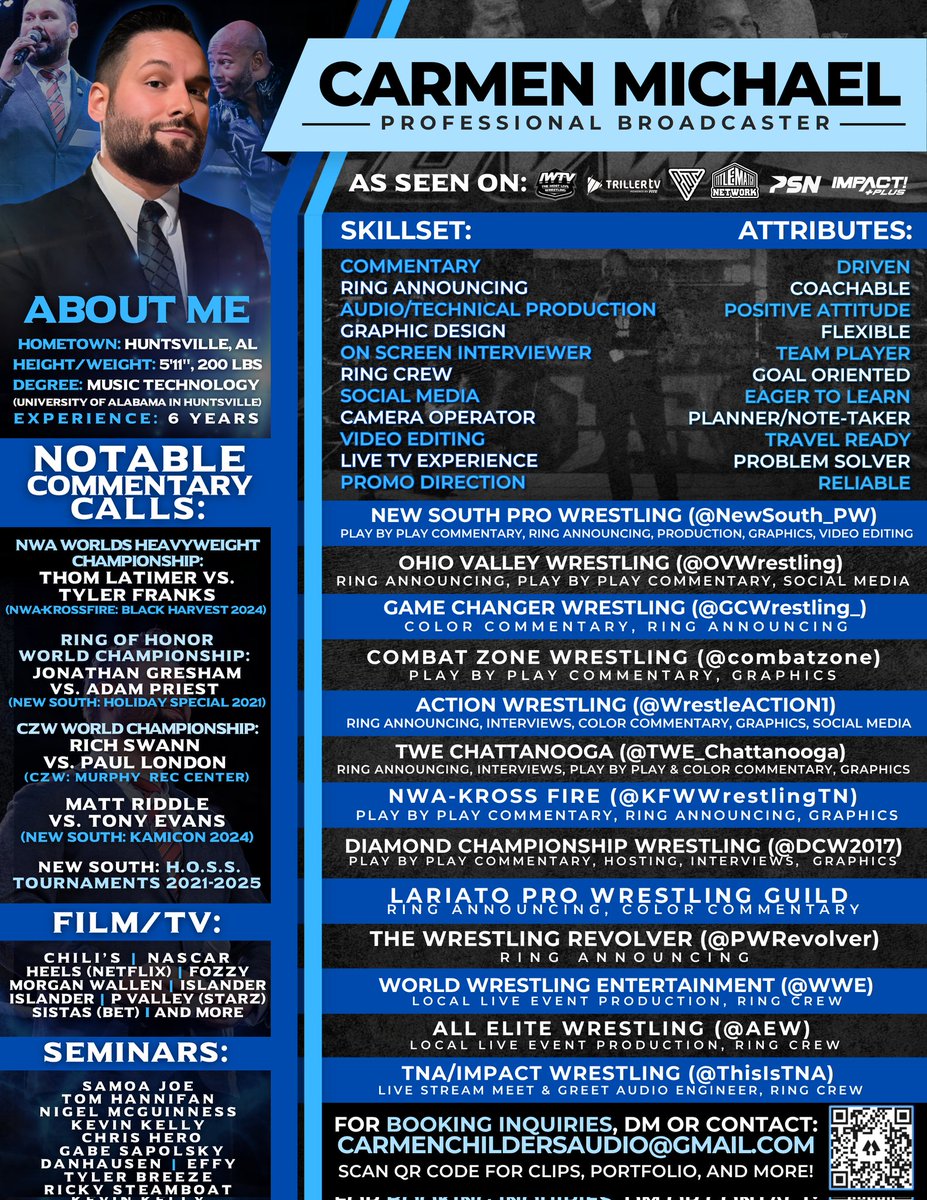 As 2025 winds down, bookings for 2026 are rolling in quickly. 

Based in Birmingham, AL. No distance is too far. No show too big or small. 

I'm always looking for new opportunities to learn, grow, and give the best version of me possible to every promotion that invests in me