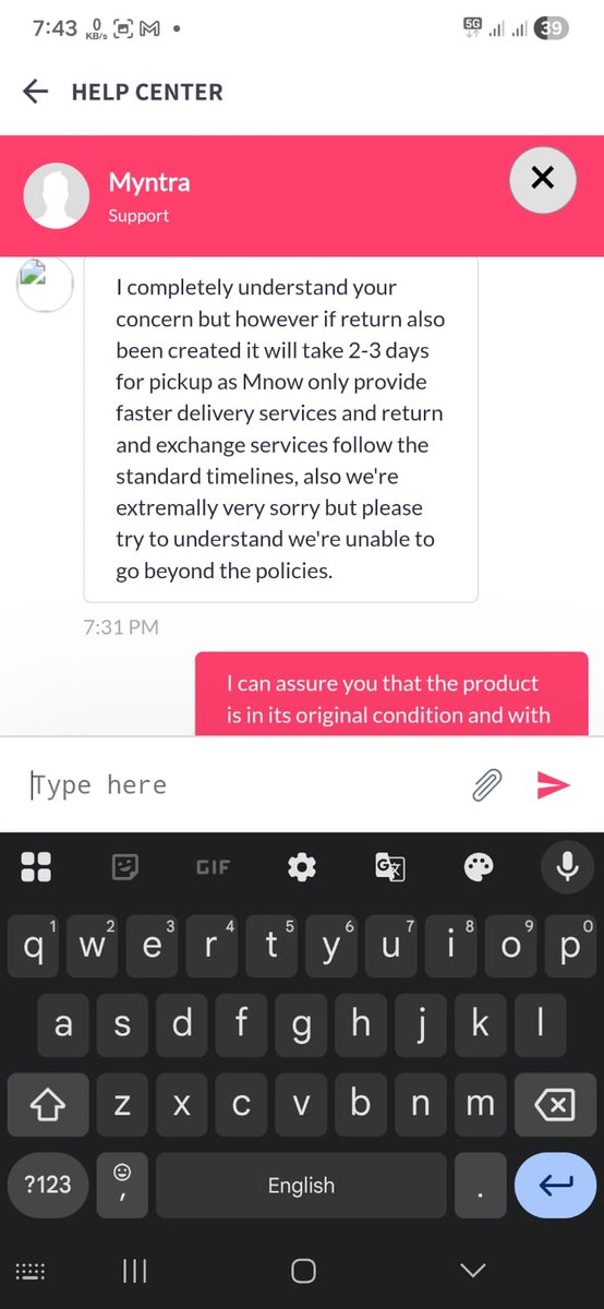 AnupamPandey07's tweet photo. So I tried to return it and talked to a Myntra representative because I wanted to carry it for a function. I explained to him that I ordered it through M now because of the urgency, and as the bigger size is not available, kindly help with the return. He completely denied it. https://t.co/SMgoQGiqRA