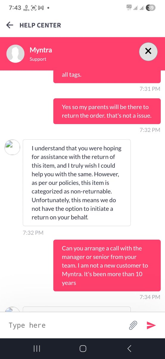 AnupamPandey07's tweet photo. So I tried to return it and talked to a Myntra representative because I wanted to carry it for a function. I explained to him that I ordered it through M now because of the urgency, and as the bigger size is not available, kindly help with the return. He completely denied it. https://t.co/SMgoQGiqRA