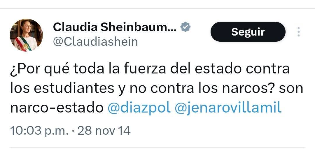 Once años después, <a href="/Claudiashein/">Claudia Sheinbaum Pardo</a> usa toda la fuerza del Estado contra los jóvenes.