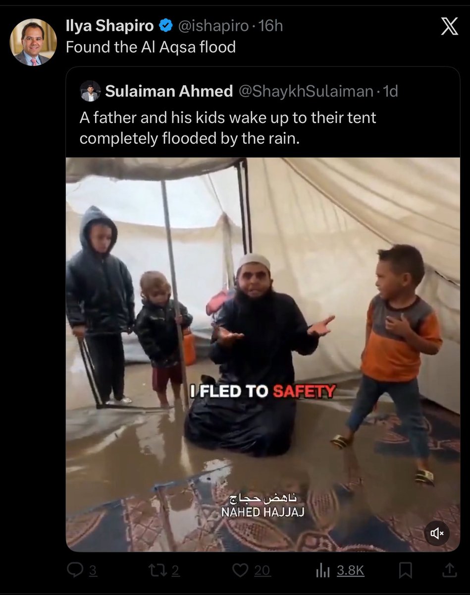 Villgecrazylady's tweet image. Ilya Shapiro, the man who says that Tucker Carlson is a bigot and friend to Neo-N•zis, spent all day yesterday mocking Palestinian children and families whose lives are in danger from the flooding currently ravaging Gaza’s tent encampments. 

The establishment Right is filled…