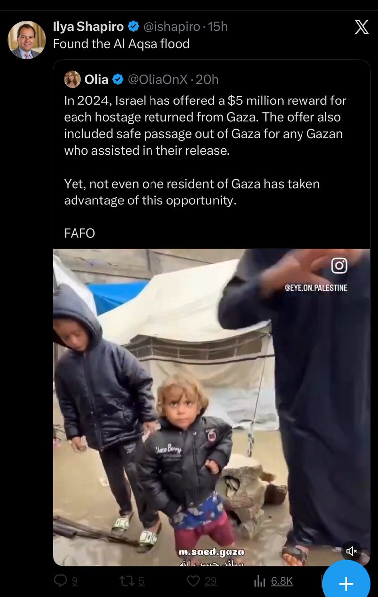 Villgecrazylady's tweet image. Ilya Shapiro, the man who says that Tucker Carlson is a bigot and friend to Neo-N•zis, spent all day yesterday mocking Palestinian children and families whose lives are in danger from the flooding currently ravaging Gaza’s tent encampments. 

The establishment Right is filled…