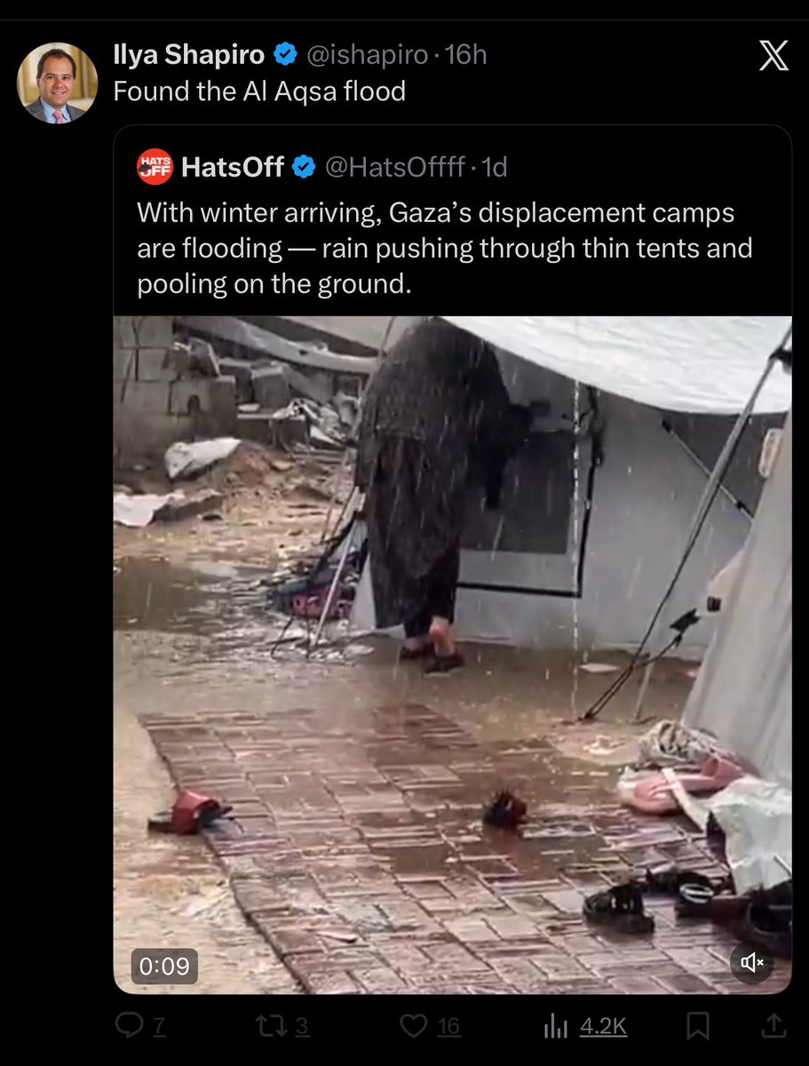 Villgecrazylady's tweet image. Ilya Shapiro, the man who says that Tucker Carlson is a bigot and friend to Neo-N•zis, spent all day yesterday mocking Palestinian children and families whose lives are in danger from the flooding currently ravaging Gaza’s tent encampments. 

The establishment Right is filled…