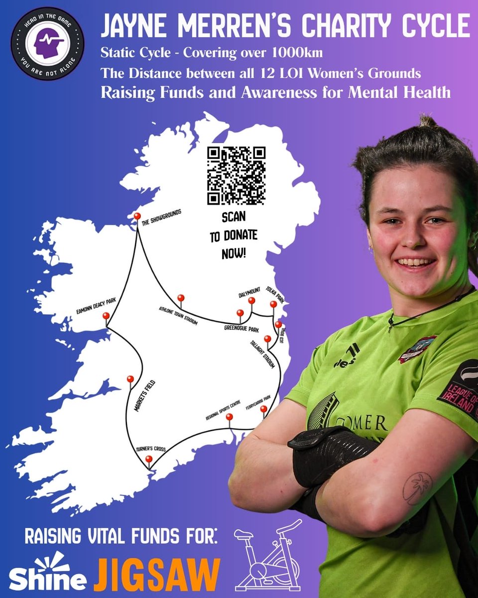 Best of luck to Galway United Goalkeeper, Jayne Merren who is taking on a static cycle to raise funds for mental health organizations Jigsaw and and Shine ❤️

You can donate to this wonderful fundraiser by visiting Jayne's page: gofund.me/266c073f9

Best of luck Jayne from