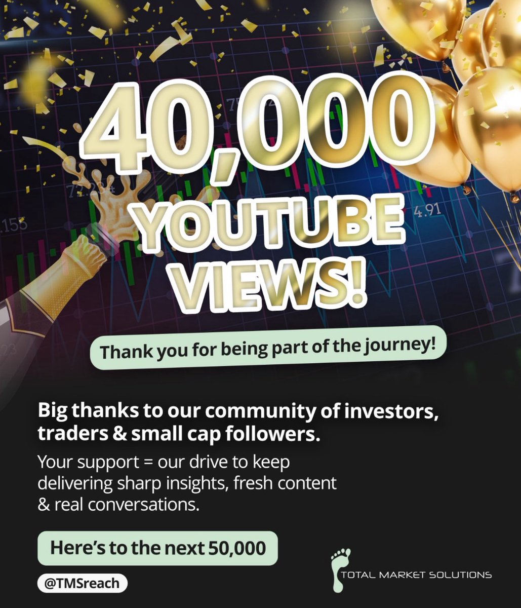 TMSreach's tweet image. 🎉 40,000 @YouTube VIEWS! 🎉
Absolutely buzzing to hit this milestone 🙌

A massive THANK YOU to everyone in the TMS community — investors, traders, small-cap hunters &amp;amp; all of you who tune in for sharp insights, big interviews and real conversations. 💬📈

m.youtube.com/channel/UCE8-I…