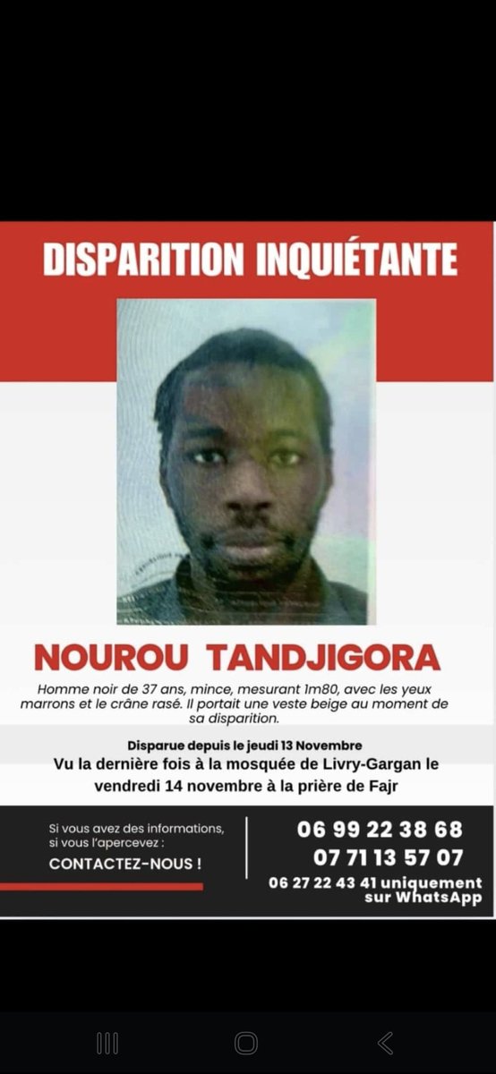 Un frere a disparu apres salat sobh, vendredi dernier à Livry-Gargan.