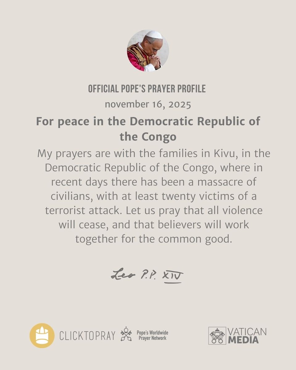🙏 Pope’s prayer profile
We #PrayTogether with Pope Leon XIV 🙏 @pontifex
For peace in the Democratic Republic of the Congo
clicktopray.org/pope