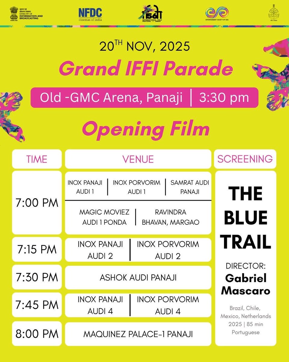 IFFI 2025 screening schedule for 20th November 2025!

#IFFI2025 #IFFI

<a href="/IFFIGoa/">International Film Festival of India</a> <a href="/nfdcindia/">NFDC India</a> <a href="/MIB_India/">Ministry of Information and Broadcasting</a> <a href="/airnewsalerts/">All India Radio News</a>