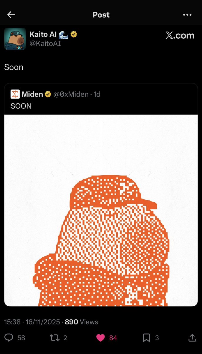 The signs are there 🧡👀

<a href="/0xMiden/">Miden</a> might be on Kaito tomorrow 😅
or anytime during this week