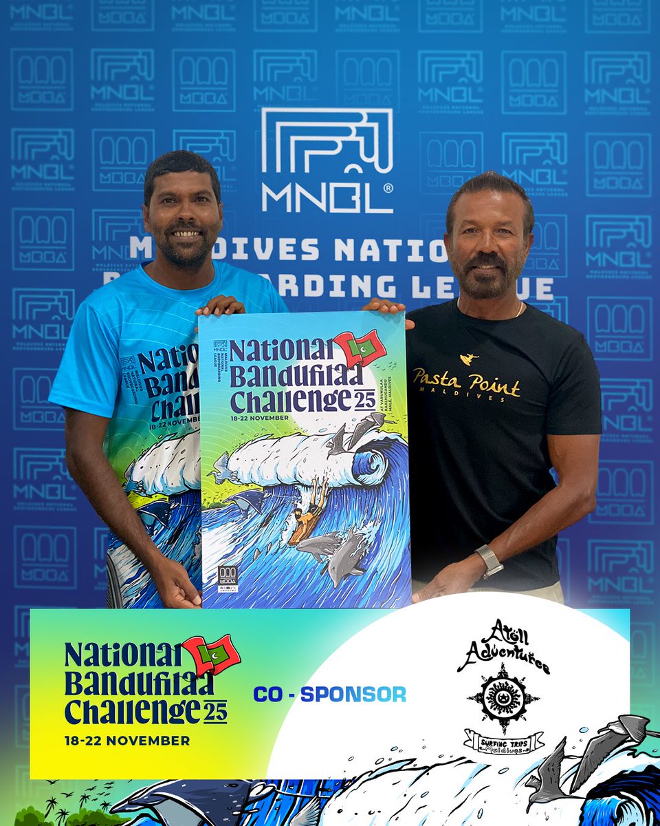 MBBAmv's tweet photo. Atoll Adventures joins as a Co-Sponsor of the National Bandufilaa Challenge 2025.
Thank you for supporting the growth of bodyboarding in the Maldives 🌊🤝
#MNBL #MNBL2025 #NationalBandufilaa25 #AtollAdventures #mvbodyboardingleague #MBBA #Bodyboarding #Maldives https://t.co/1fMKXw56og