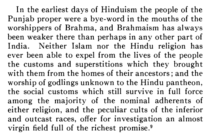 BlueBlistering's tweet image. British administrators admitted Punjab never cared for Brahmanical scripts. Brahmanism was non existent in Punjab and entire villages kept their own gods (Devta, Kheda etc), rites and kin based clan systems as evidenced in all Jat majority areas.