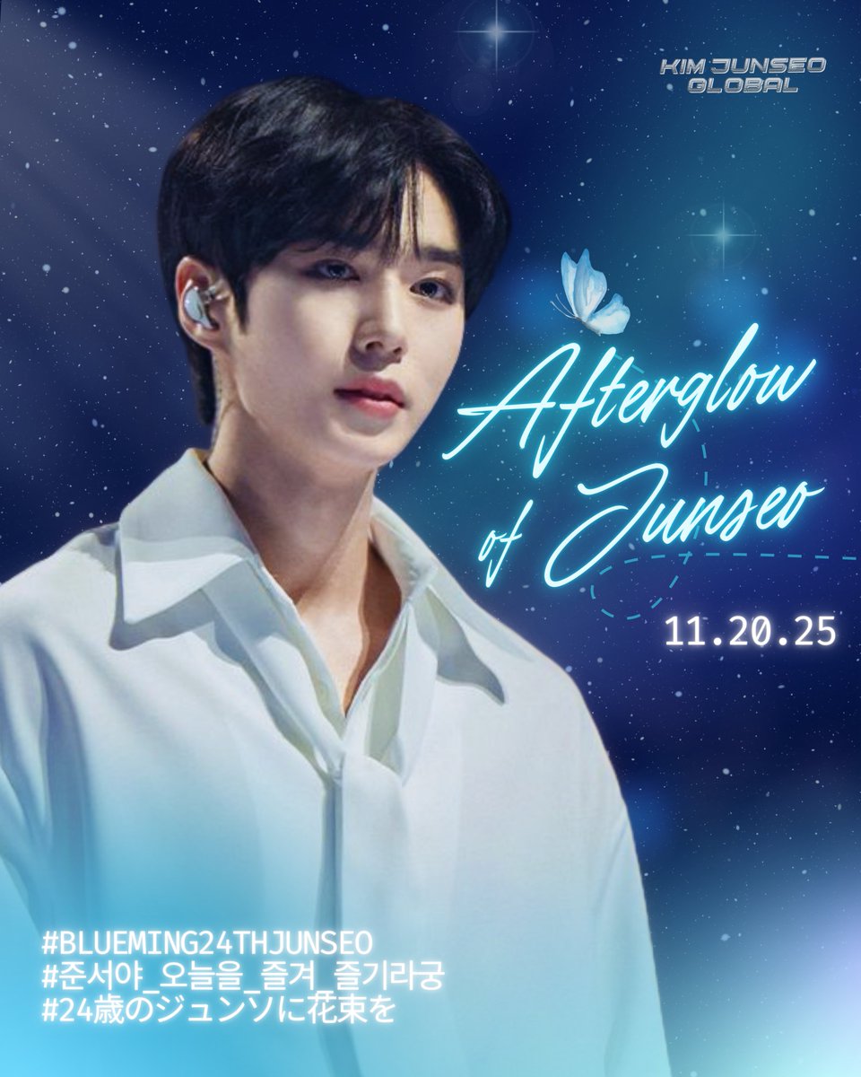 KJUNSEOGLOBAL's tweet photo. We wish Happy Birthday to our Junseo—a light that grows softer, warmer, yet ever brighter as the years pass.

May his 24th year shine like an afterglow that stays in the sky long after the sun has slipped away—gentle, luminous, unforgettable.

Every step he takes, every dream he quietly nurtures, and every moment he gifts to SEODUNGIES and ALLYZ leaves a trace of warmth that settles beautifully in our hearts.

He moves with sincerity, speaks with tenderness, and shines in a way that feels both comforting and inspiring—a glow we always return to. We wish to surround Junseo with the same radiance he has endlessly shared with us.

A light soft enough to embrace him, yet bright enough to guide him toward greater dreams.

As we welcome his birthday, let us gather as one—steady in our love, united in our support, and sincere in our celebration of the person he is and the person he is becoming.

And may this year allow him to rise even higher with ALPHA DRIVE ONE—standing under bigger stages, realizing bolder dreams, and walking paths where his talent and heart can shine without limit.

Thank you for loving Junseo, for believing in him, and for helping this celebration bloom across the timeline like stardust in motion 🩵✨

AFTERGLOW OF JUNSEO
#Blueming24thJunseo
#준서야_오늘을_즐겨_즐기라궁
#24歳のジュンソに花束を