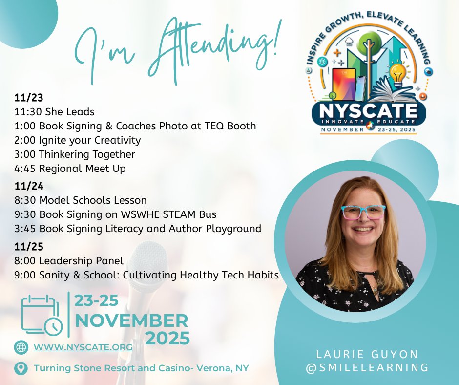SMILELearning's tweet image. I am gearing up for @NYSCATE this year! Find me at these sessions and grab a free book from one of the #XFactorEDU authors! 
#SMILEFactor 
#NYSCATE
#NYSCATE25