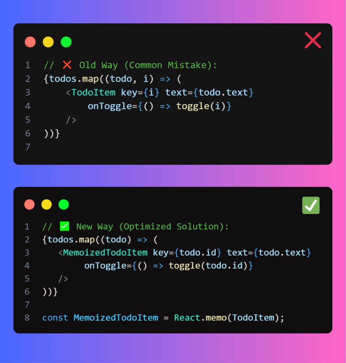 MinahilAkhtar9's tweet image. React lists lag when everything re-renders.
Use unique IDs, React.memo(), and useCallback to stop useless updates and keep UI fast in React 18+/Next.js 14. ⚡
#nextlevel #reactdevs #cleancode #codeefficiency #javascript #devtips