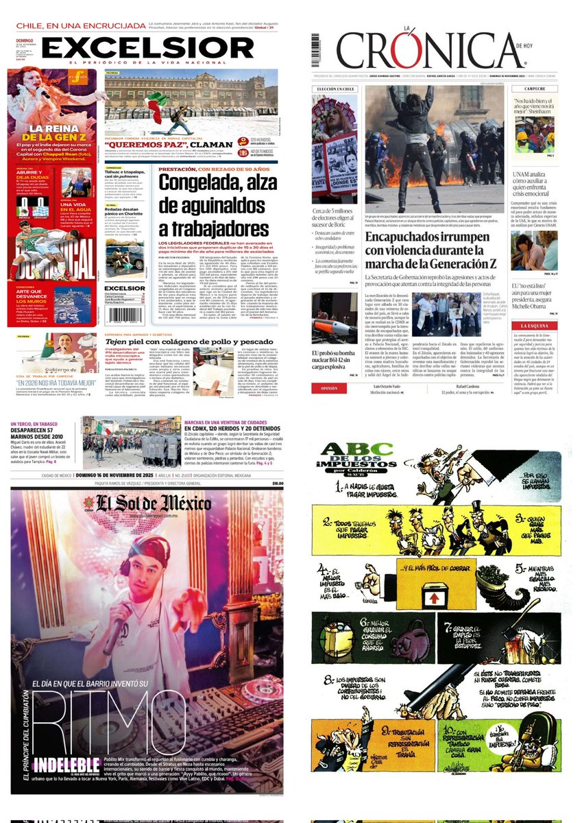 castroclemente's tweet image. Las #PrimerasPlanas 
#Portadas 
- Se moviliza Marcha Z contra crimen y 4T 
- &quot;Bloque Negro&quot; desata caos y violencia
- Sheinbaum condena actos violentos 
Hay #monos 
EnTT: #MarchaNacional 
#GeneracionZ 
Zócalo Acevedo Uruguay #TeoSeQueda 

#TromposyPirinolas 
#FelizDomingo