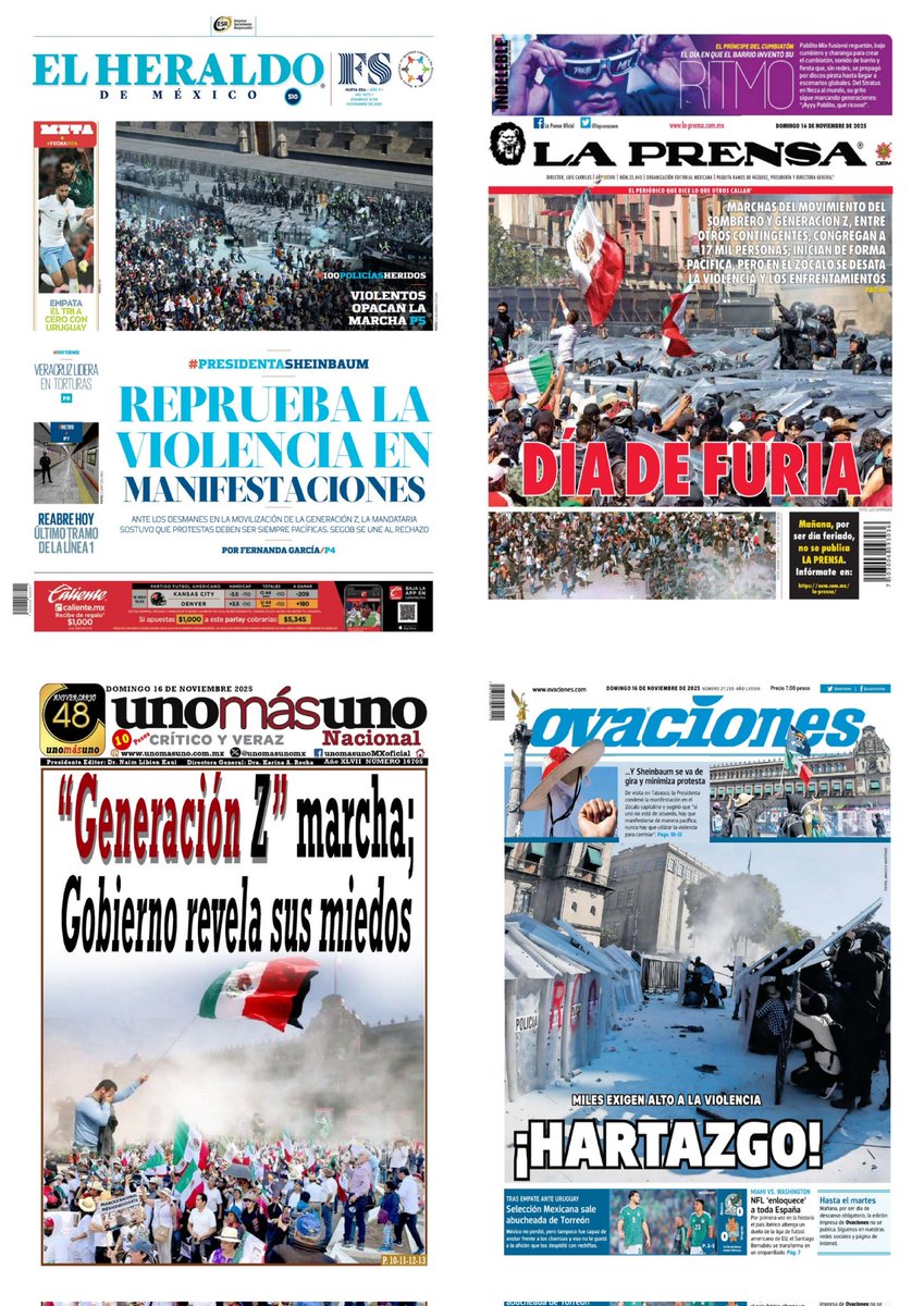castroclemente's tweet image. Las #PrimerasPlanas 
#Portadas 
- Se moviliza Marcha Z contra crimen y 4T 
- &quot;Bloque Negro&quot; desata caos y violencia
- Sheinbaum condena actos violentos 
Hay #monos 
EnTT: #MarchaNacional 
#GeneracionZ 
Zócalo Acevedo Uruguay #TeoSeQueda 

#TromposyPirinolas 
#FelizDomingo