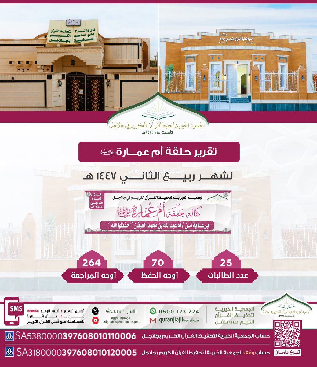 تقرير #شهر ربيع الثاني للعام ١٤٤٧ هـ لطالبات الجمعية الخيرية لتحفيظ القرآن الكريم في #جلاجل ، ( كفالة حلقة أم عمارة رضي الله عنها ) وبرعاية كريمة من أم عبدالله بن محمد العيفان حفظها الله بدار والدة  الشيخ/ علي الماجد  #رحمهما_الله النسائية في جلاجل