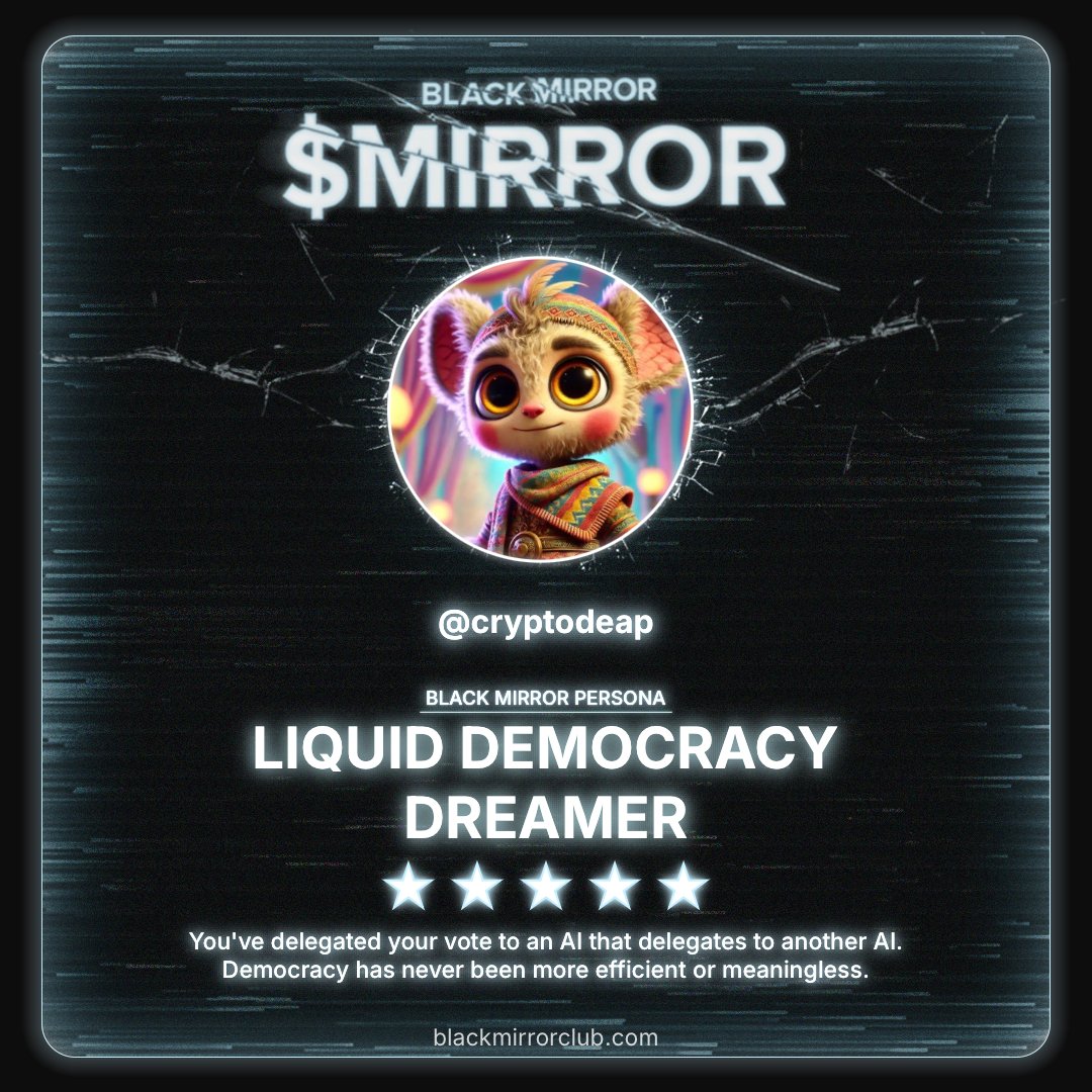 cryptodeap's tweet image. Scanned and processed. The algorithm judged me.
Discover your Black Mirror Persona by @blackmirror_xp and claim yours now.
loyalty.blackmirrorclub.com/loyalty