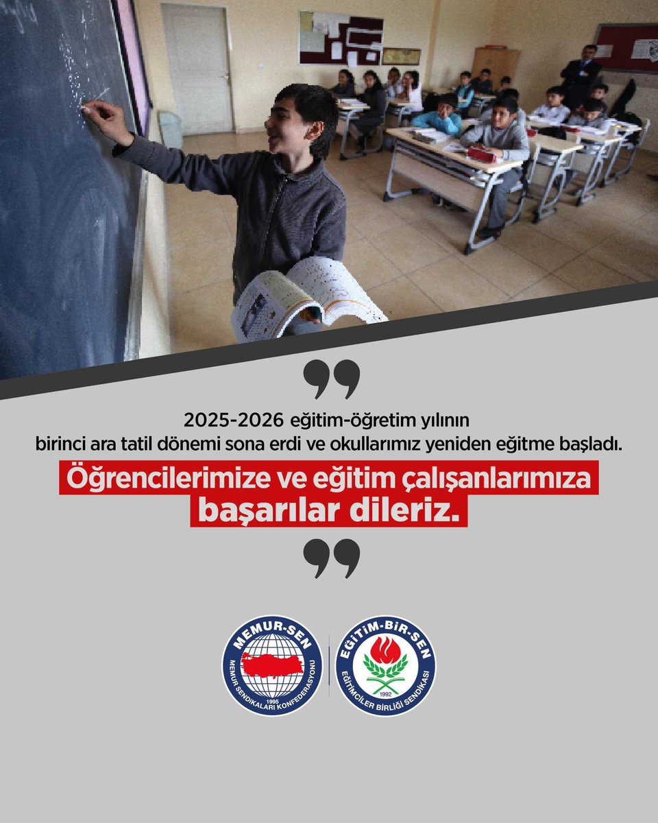 2025-2026 Eğitim ve Öğretim Yılı’nın ilk ara tatilinin ardından 18 milyon öğrencimiz, 1 milyonu aşan öğretmenimiz ve eğitim çalışanımız, yarın yeniden ders başı yapıyor.

Öğretmenlerimize, eğitim çalışanlarımıza ve öğrencilerimize başarılarla dolu bir eğitim öğretim dönemi