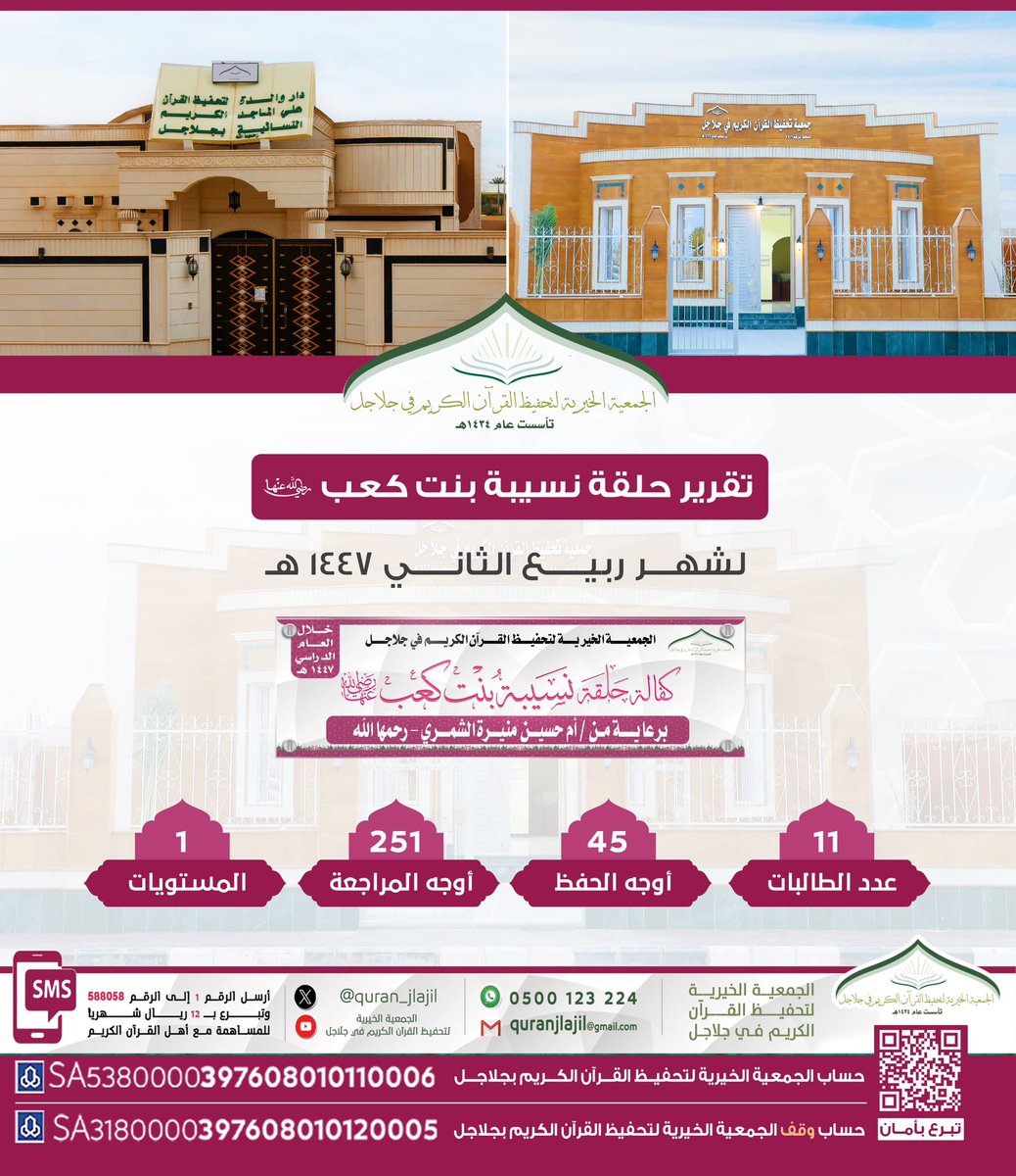 تقرير #شهر ربيع الثاني للعام ١٤٤٧ هـ لطالبات الجمعية الخيرية لتحفيظ القرآن الكريم في #جلاجل ، ( كفالة حلقة نسيبة بنت كعب رضي الله عنها وبرعاية كريمة من أم حسين منيرة الشمري رحمها الله  بدار والدة  الشيخ/ علي الماجد  #رحمهما_الله النسائية في جلاجل