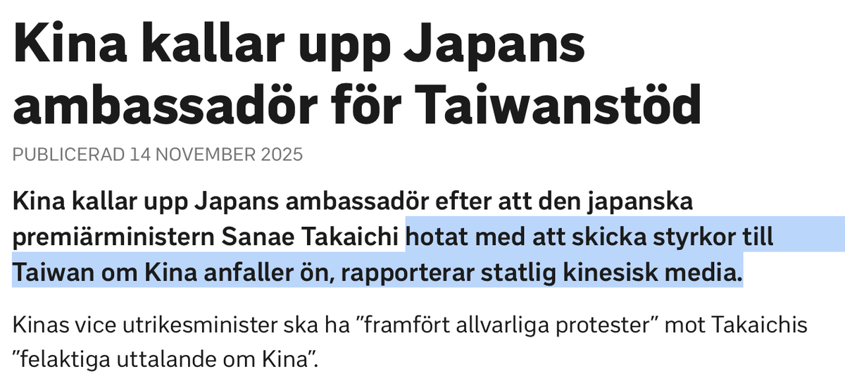 NEJ SVT OCH TT!! Så här får det bara inte gå till!!

I den pågående konflikten mellan Kina och Japan, publicerar SVT falska rapporter från kinesiska medier, som dessutom får stå i stort sett oemotsagda.

Japans PM har INTE hotat med att "skicka styrkor till Taiwan".