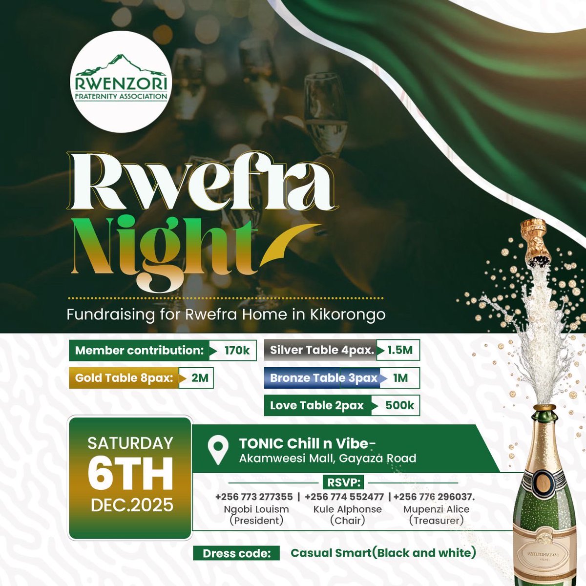 Rwenzori Fraternity Association is an advocacy platform for people hailing from Rwenzori subregion.Join us on 6th Dec 2025 @ TONIC chill n vibe AKamwesi mall Gayaza road.
Member contribution:UGX 170,000
Non members:UGX 50,000