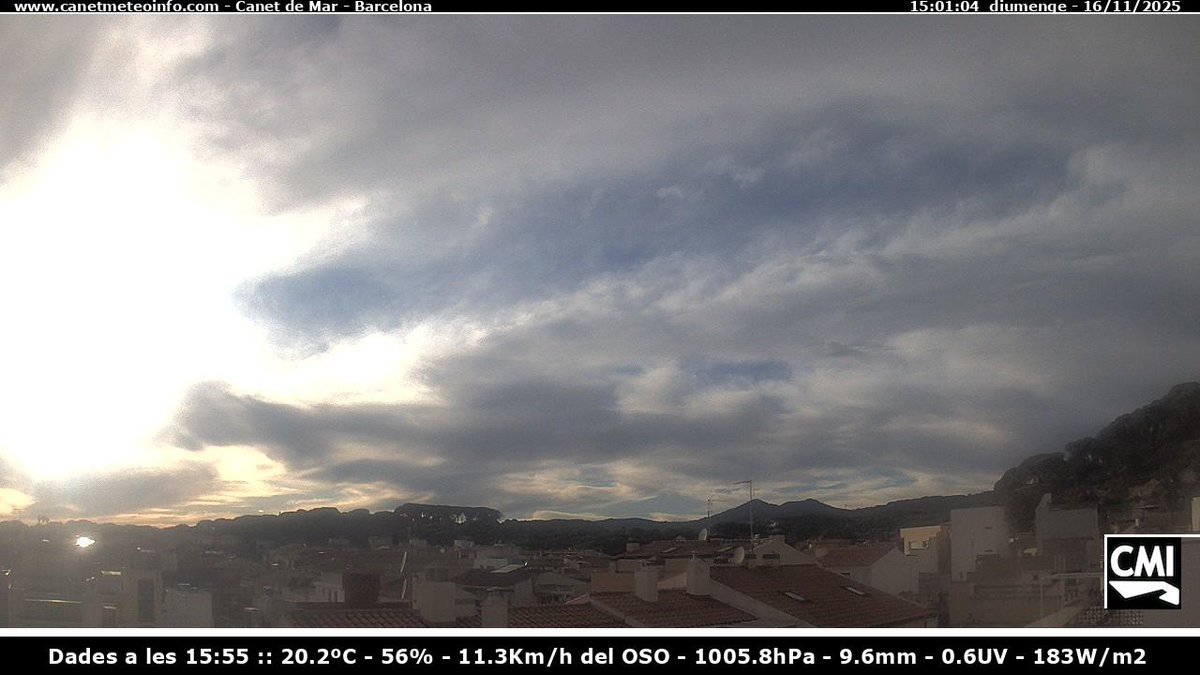#CMI Canet de Mar
🕒 Hora: 16:00
🌡️ Temp: 20.4ºC
💧 Humitat: 57%
🌬️ Vent: 4.8 Km/h del NO
📉 Pressió: 1005.9 hPa
🌧️ Precip: 9.6 mm
🔆 UVI: 0.6
☀️ Radiació: 211 V/m2
 📡 ClimaMeteoInfo