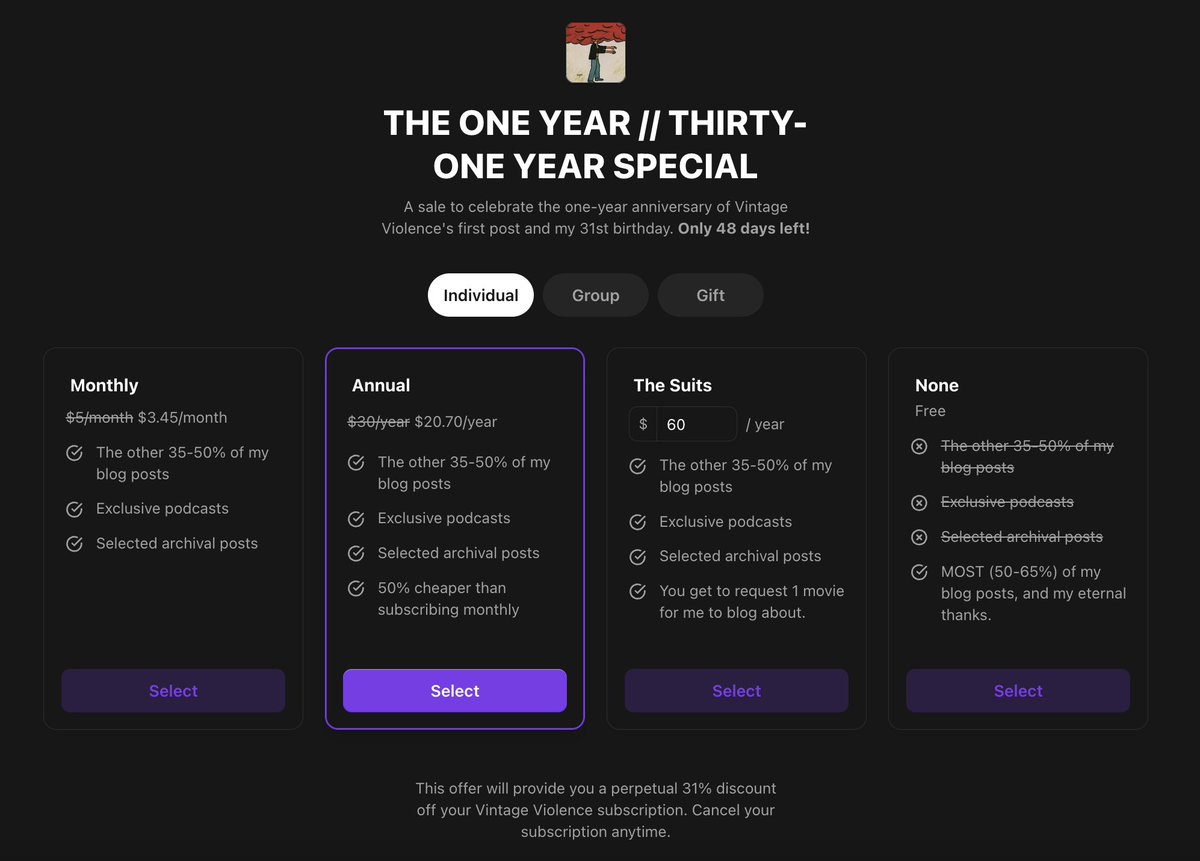 Today is the 1-year anniversary of my blog, Vintage Violence, and the 31-year anniversary of my existence on earth. Through the end of the year, I am offering 31% off my blog.

Next year, I will be starting a new solo podcast series on the VV feed about literary adaptations 📚🫡