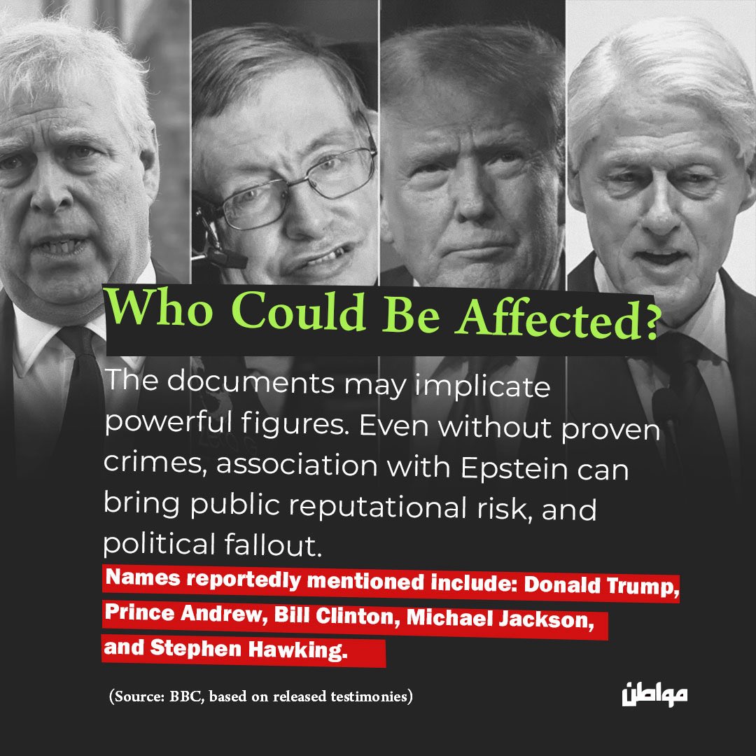 MuwatinNet_EN's tweet image. The U.S. Congress has voted to release the Jeffrey #Epstein documents.

The #files may reveal his network of connections with politicians, celebrities ,and possibly some Arab leaders.