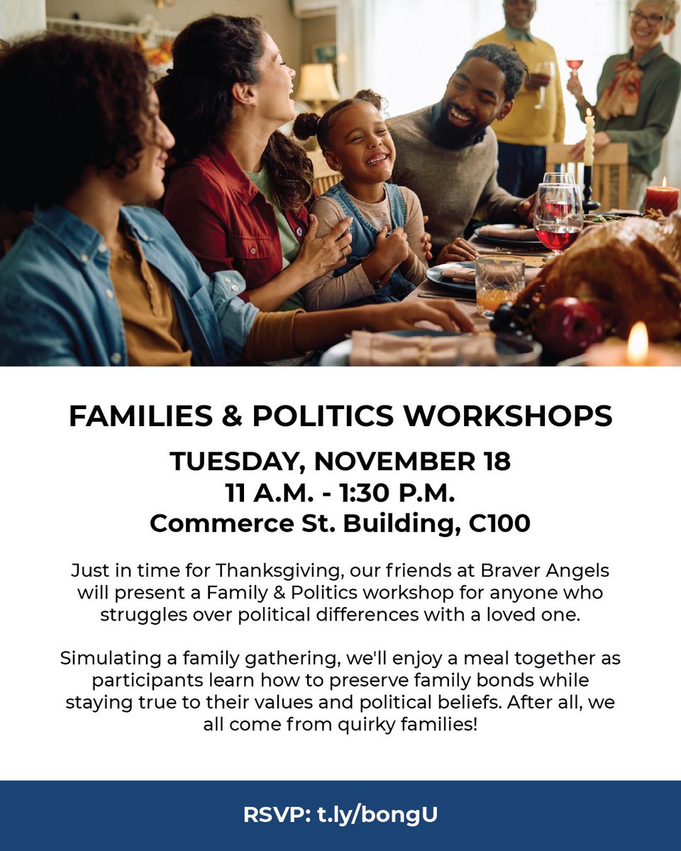 UhdLife's tweet photo. 🦃 Families &amp; Politics Workshop: Nov 18 | 11 AM–1:30 PM | CSB C100 Just in time for Thanksgiving, Braver Angels will lead a workshop on navigating political differences with loved ones. Share a meal, practice skills, and learn strategies to keep family bonds strong. By UHD CPSCR. https://t.co/um79LsRzGy