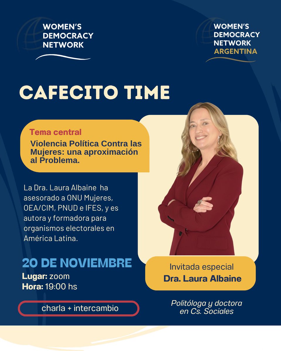 ☕💬 Te invitamos a un nuevo encuentro para conversar, aprender y construir juntas.

📚 Tema: Violencia política contra las mujeres
👩‍🏫 Invitada: Dra. Laura Albaine
🗓️ 20 de noviembre
🕕 19 h (ARG)
💻 Modalidad: Zoom

🔗 Inscribite acá: forms.gle/iGrzhrFRvF95hL…