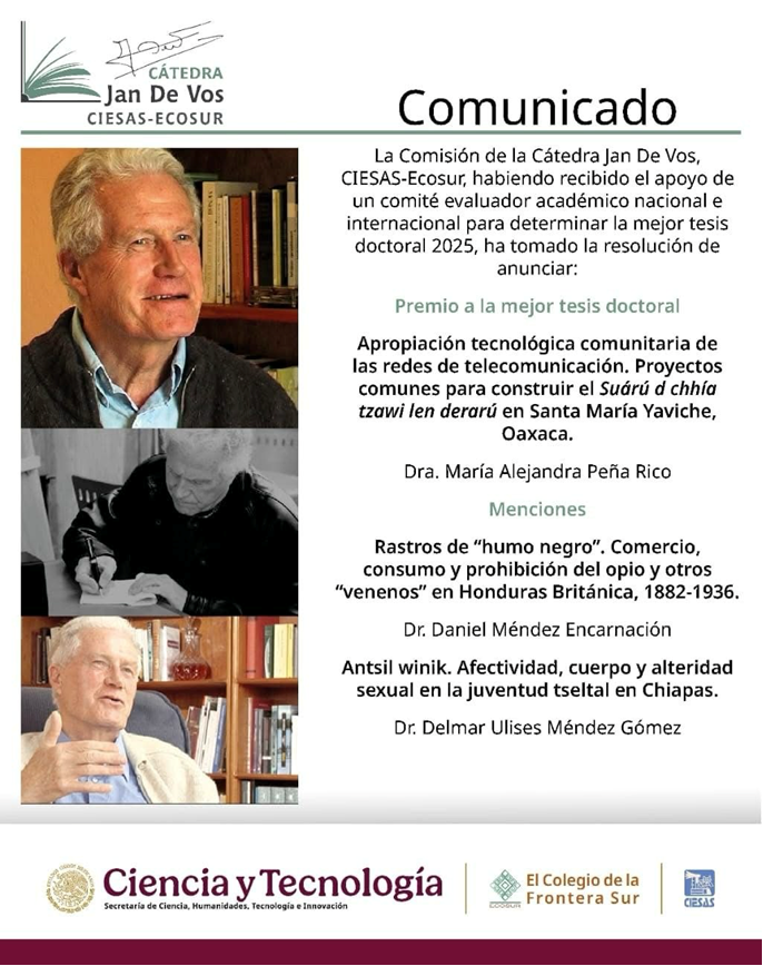 institutomora's tweet image. 🥇Felicidades a la Dra. María Alejandra Peña Rico, #egresada del programa de Doctorado en Estudios del Desarrollo, por la obtención del Premio a la Mejor tesis doctoral 2025 de la Comisión de la Cátedra Jan De Vos, CIESAS-Ecosur.

¡Enhorabuena!
#OrgulloMora #Premio