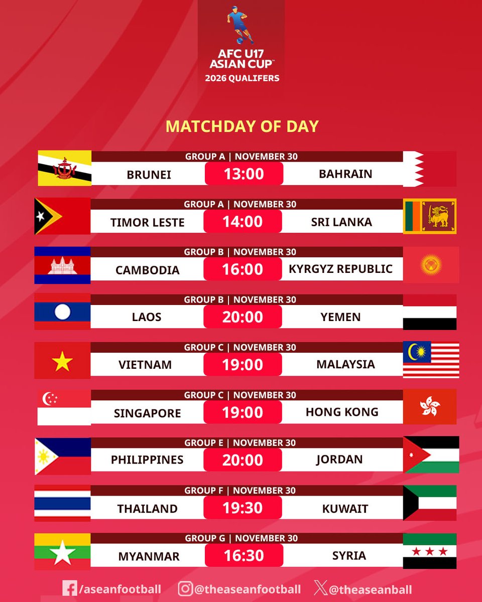 theaseanball's tweet image. 📅2026  AFC U17 AISAN CUP QUALIFIERS | Match of day (30/11)

Here are fixtures for ASEAN Teams !

🕖GMT+7

#AFC #AFCU17 #U17AC