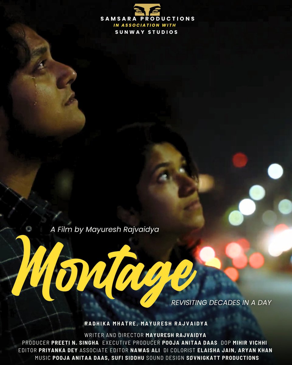 "MONTAGE" TRAILER AVAILABLE NOW The teaser for #Montage, which debuted at the #JagranFilmFestival, shows a day, a city, and two friends rediscovering all that time lost.
Mayuresh Rajvaidya, who also wrote and directed the movie, and Radhika Mhatre are the stars.
Preeti N. Singha