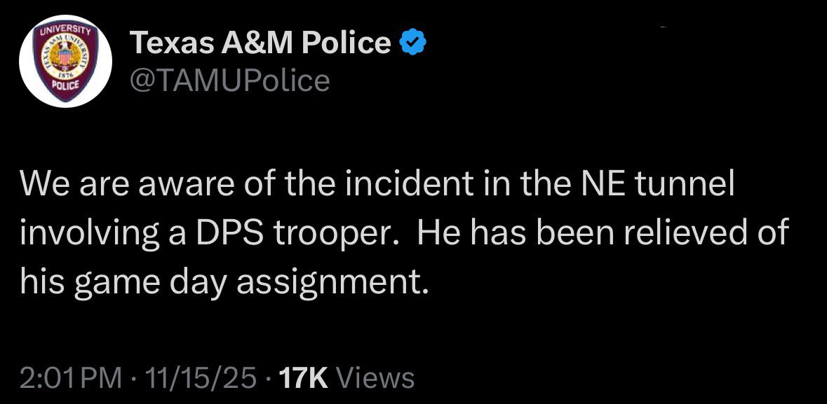 Greene07544's tweet photo. There were 105,000 fans in those seats at that Texas A&amp;M football game and that Texas State trooper did NOT give a chit who saw him assault those to football players so you know damn well this is not the 1st time he violated a person's civil rights. https://t.co/93JdUuWowC