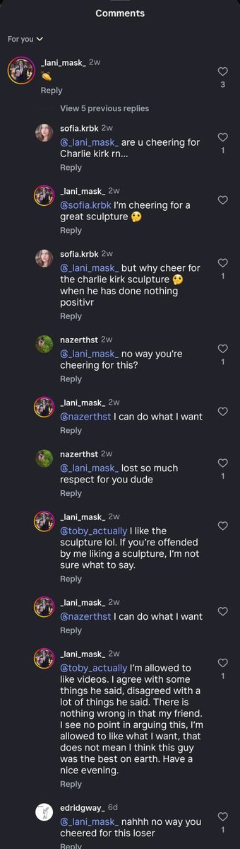 Lani admitting he “agrees with some of the things he (Charlie Kirk) said” underneath a Charlie Kirk memorial post.