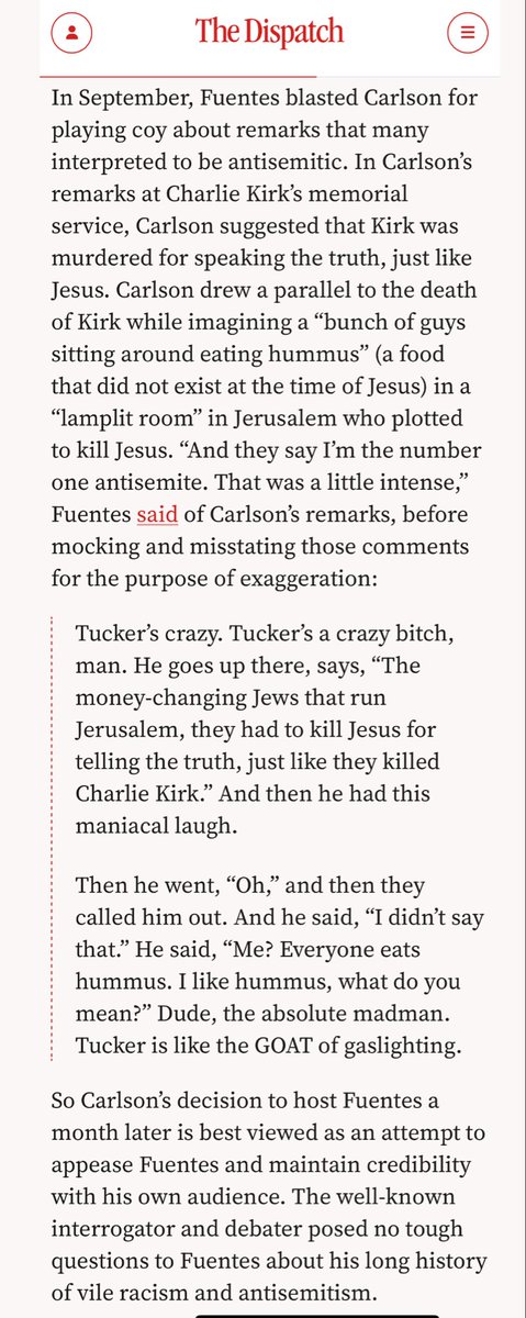 McCormackJohn's tweet image. Carlson likened Fuentes to David Duke few months ago, but posed no tough questions. 

About an hour into the conversation, Fuentes felt the need to ask Carlson: “What about my views do you think are unreasonable?”

“The last I checked, Tucker actually knows how to cross-examine,”…