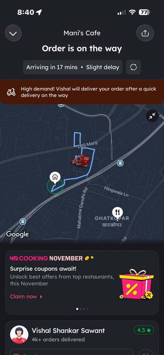 Neeravashar's tweet photo. Hey @zomato, this is ridiculous. I’m a Gold member yet my order was batched, and your rider is delivering to a farther location first while my place is clearly closer. My food will arrive cold.
Your “support” is just an AI loop with no human help. Do better. @zomatocare https://t.co/95lkAeLZpS