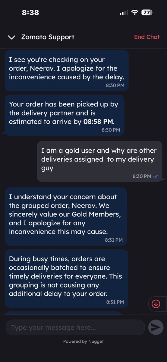 Neeravashar's tweet photo. Hey @zomato, this is ridiculous. I’m a Gold member yet my order was batched, and your rider is delivering to a farther location first while my place is clearly closer. My food will arrive cold.
Your “support” is just an AI loop with no human help. Do better. @zomatocare https://t.co/95lkAeLZpS