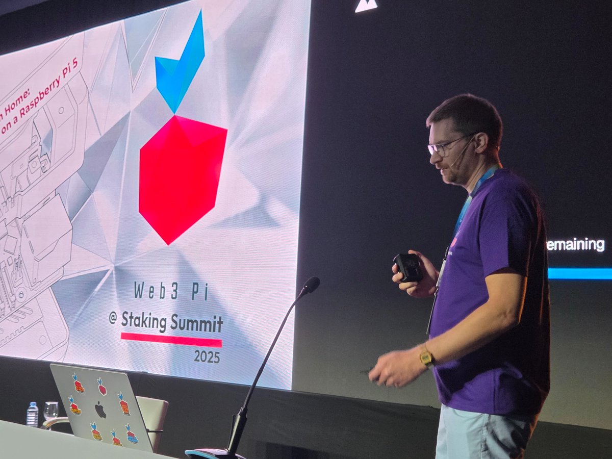 golemproject's tweet image. Some 🤯 reactions today at @StakingSummit! 

@RMordzon &apos;s Keynote explained @_Web3Pi_  - how to run an Ethereum node on Raspberry Pi.