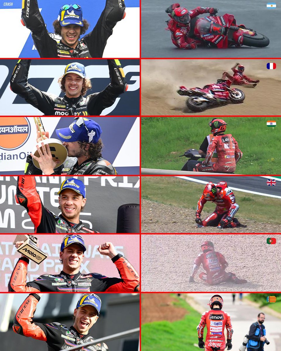 crash_motogp's tweet image. Yes.... It happened again 🤯 Pecco Bagnaia crashed, and Marco Bezzecchi won. This has happened for all six of Bezzecchi&apos;s Grand Prix wins. 

#MotoGP #ValenciaGP